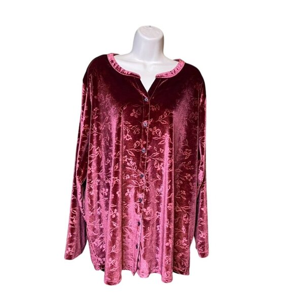 Lands End Womens Valour Floral Blouse Maroon Shimmer Shirt Plus Size 3X u - Picture 1 of 8